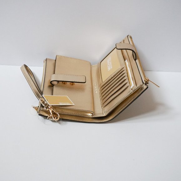 Michael Kors Jet Set Travel Double Zip PVC Leather Wristlet MK Pale Gold - Picture 4 of 7